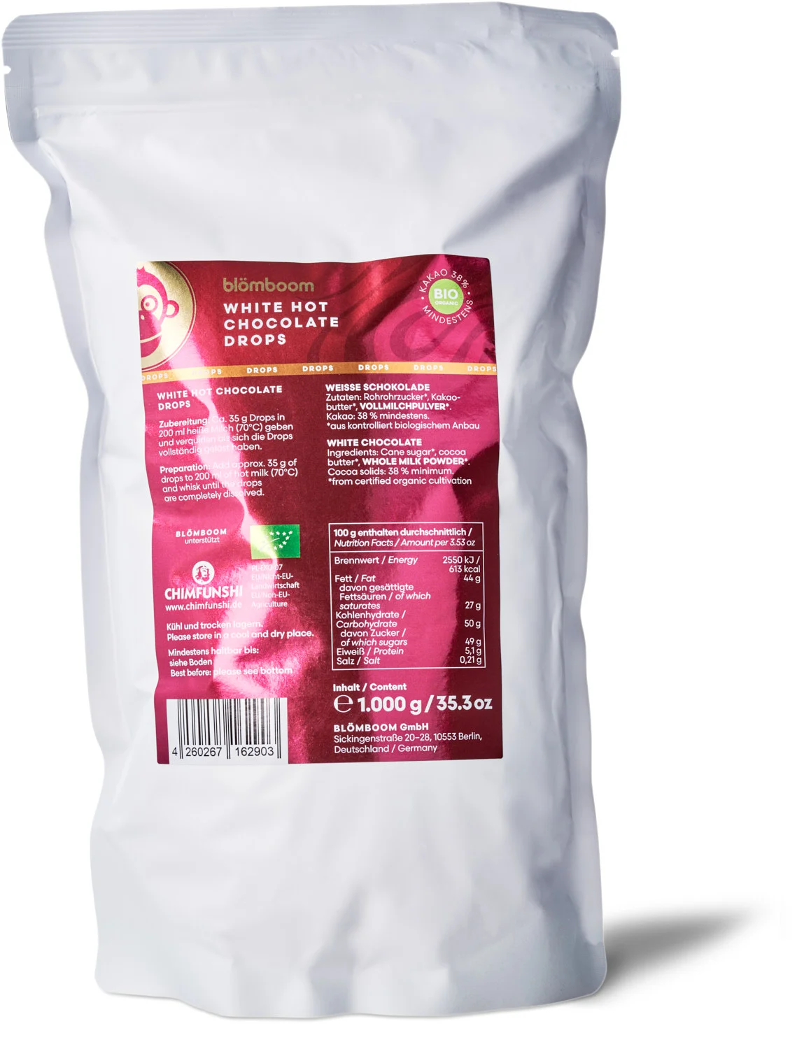 Blömboom - Metalldose+Refillbeutel und Magnet"White Hot Chocolate Drops BIO 1kg"