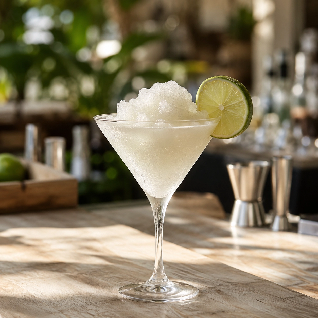 Klassischer Frozen Daiquiri in beschlagenem Glas mit Limettenscheibe, serviert auf einer Holztheke in sonniger Bar-Atmosphäre