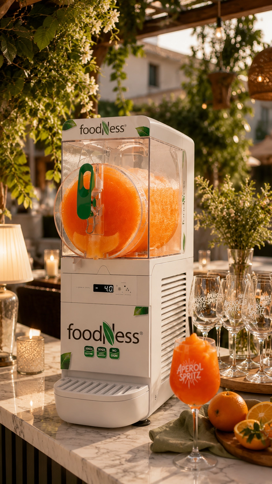 FoodNess Frozen-Drink-Maschine mit gefrorenem Aperol Slush auf einer stilvollen Restaurantterrasse im Sommer. Daneben stehen elegante Aperol-Gläser auf einer hochwertigen Theke mit mediterraner Dekoration.