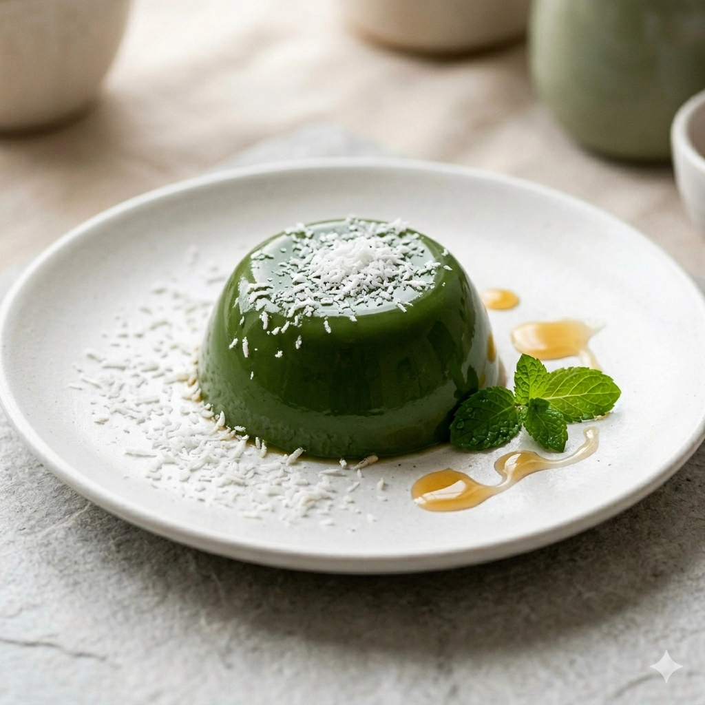 Matcha-Kokos-Panna-Cotta  zubereitet mit Rowdy Matcha-Konzentrat, auf weißem Keramikteller