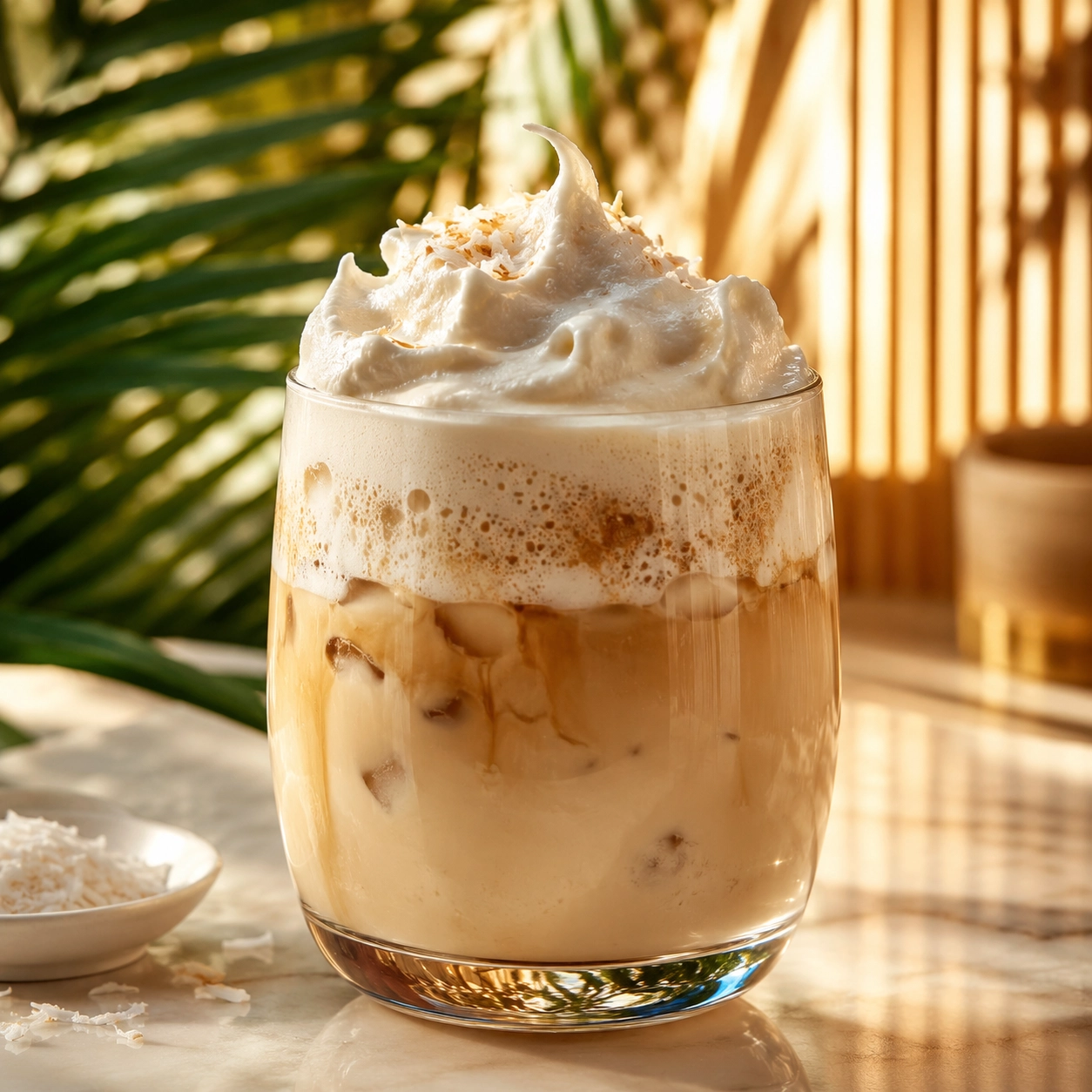 Glas mit Kokosmilch, fluffigem Eiweißschaum und Espressostrahl, der durch die Schaumwolke läuft