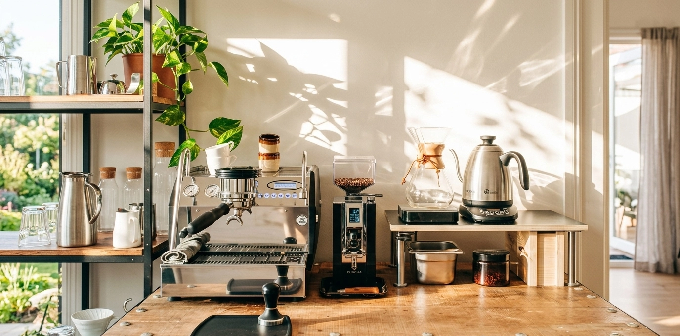 Vollständiges Barista Setup auf einer Holztheke – Siebträger, Espressomühle, Chemex und Wasserkocher, offenes Regal mit Gläsern und Kannen links, Zimmerpflanzen, helles Sonnenlicht