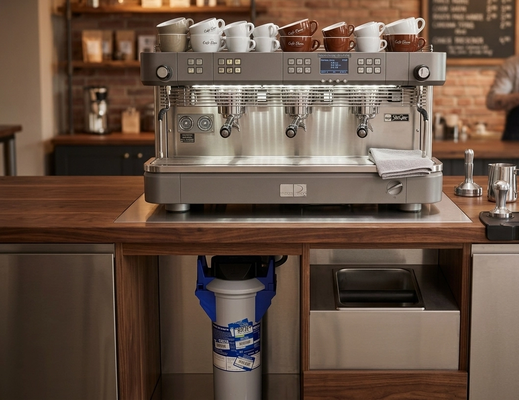 Professionelle Gastro-Espressomaschine auf Holztheke im Café – darunter sichtbarer blauer Inline-Wasserfilter im Unterschrank, Barista im Hintergrund