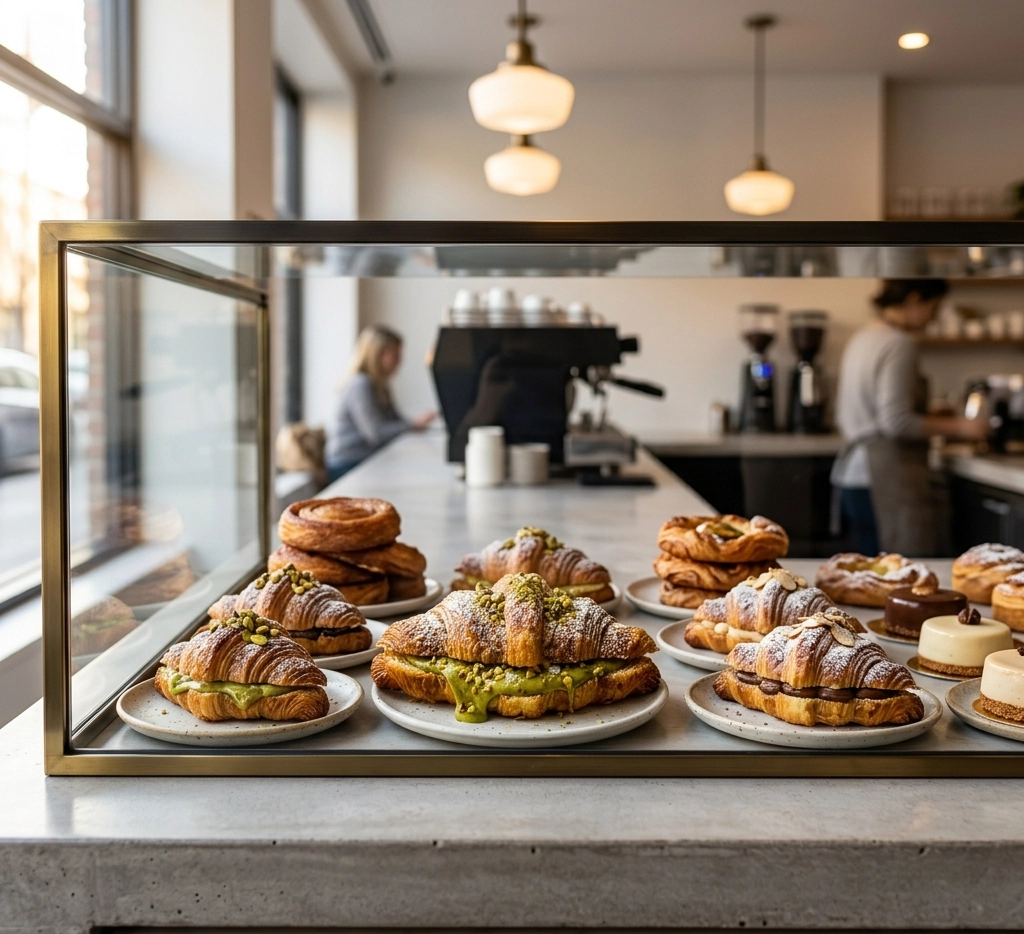 Aufgeschnittenes Butter Croissant mit Foodness Pistachio Cream gefüllt, garniert mit gehackten Pistazien und Puderzucker auf weißem Marmor