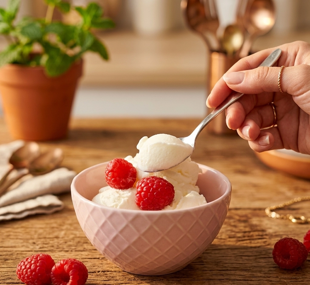 Hand mit Löffel nimmt cremigen Frozen Joghurt aus einer rosafarbenen Keramikschale mit frischen Himbeeren – auf rustikalem Holztisch mit Minzpflanze im Hintergrund