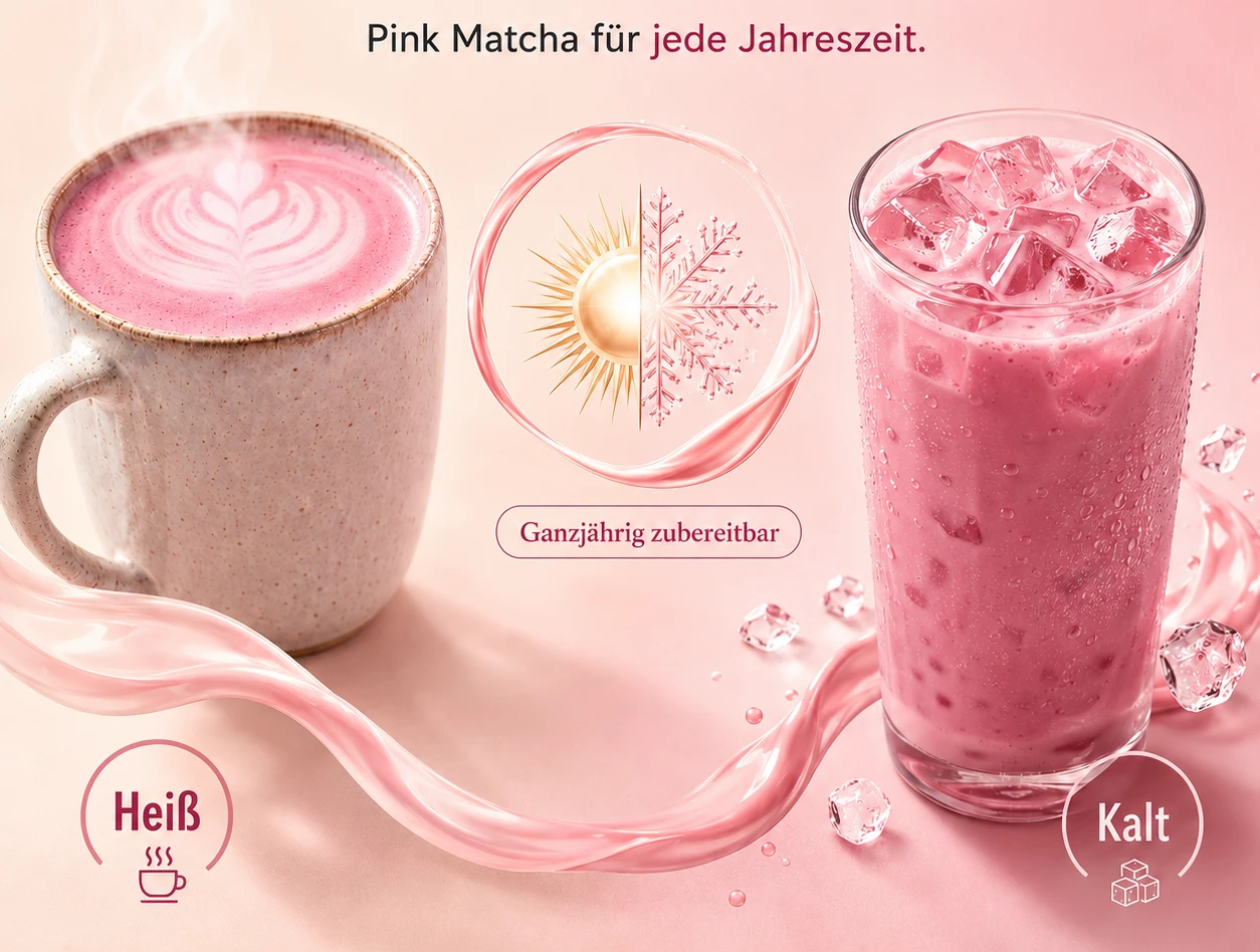 Pink Matcha Pulver Getränk zum genießen. Heiß oder kalt in der Zubereitung