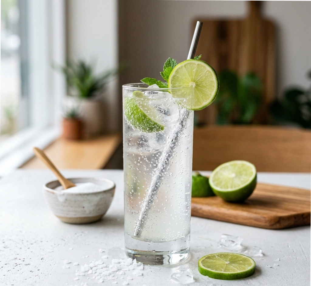 Spritzige Elektrolyt-Limonade mit Limette, Meersalz und Traubenzucker in hohem Glas mit Eiswürfeln auf hellem Untergrund, garniert mit frischer Limettenscheibe.