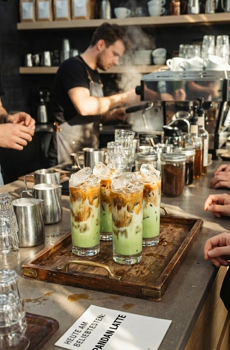 Drei Pandan Lattes mit Espresso und Eis auf einem Holztablett an der Kaffeebar – im Hintergrund arbeitet ein Barista an der Espressomaschine