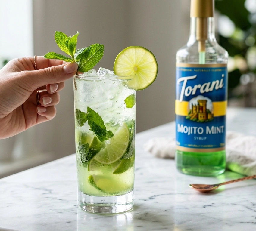 Virgin Mojito im hohen Glas mit Crushed Ice, frischen Limettenspalten und Minzzweig, zubereitet mit Torani Mojito Mint Sirup auf weißer Marmoroberfläche