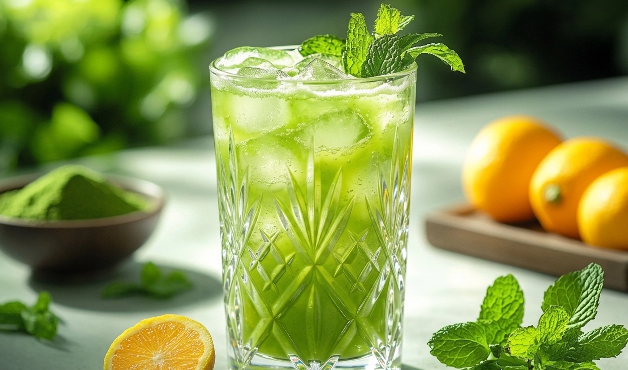 Eisgekühlter Matcha Yuzu Spritz in einem geschliffenen Kristallglas mit Eiswürfeln und frischem Minzzweig, garniert mit einer halbierten Yuzu, Matcha-Pulver in einer Holzschale und weiteren Yuzu-Früchten im Hintergrund, serviert auf einer hellgrauen Oberf