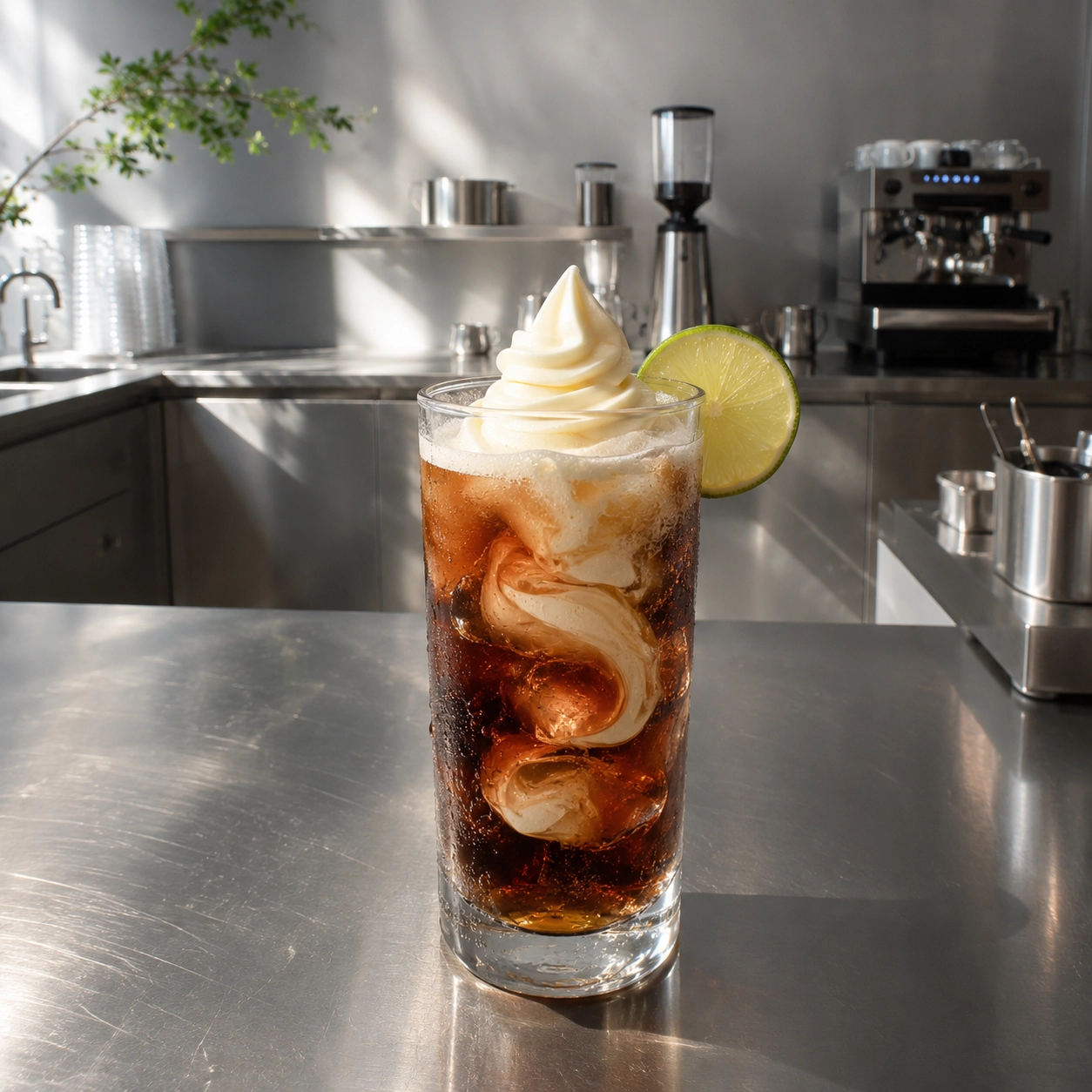 Glas mit Cola Light und Eiswürfeln, oben ein cremiger Vanille-Sauce-Swirl, dekoriert mit halber Limette am Glasrand
