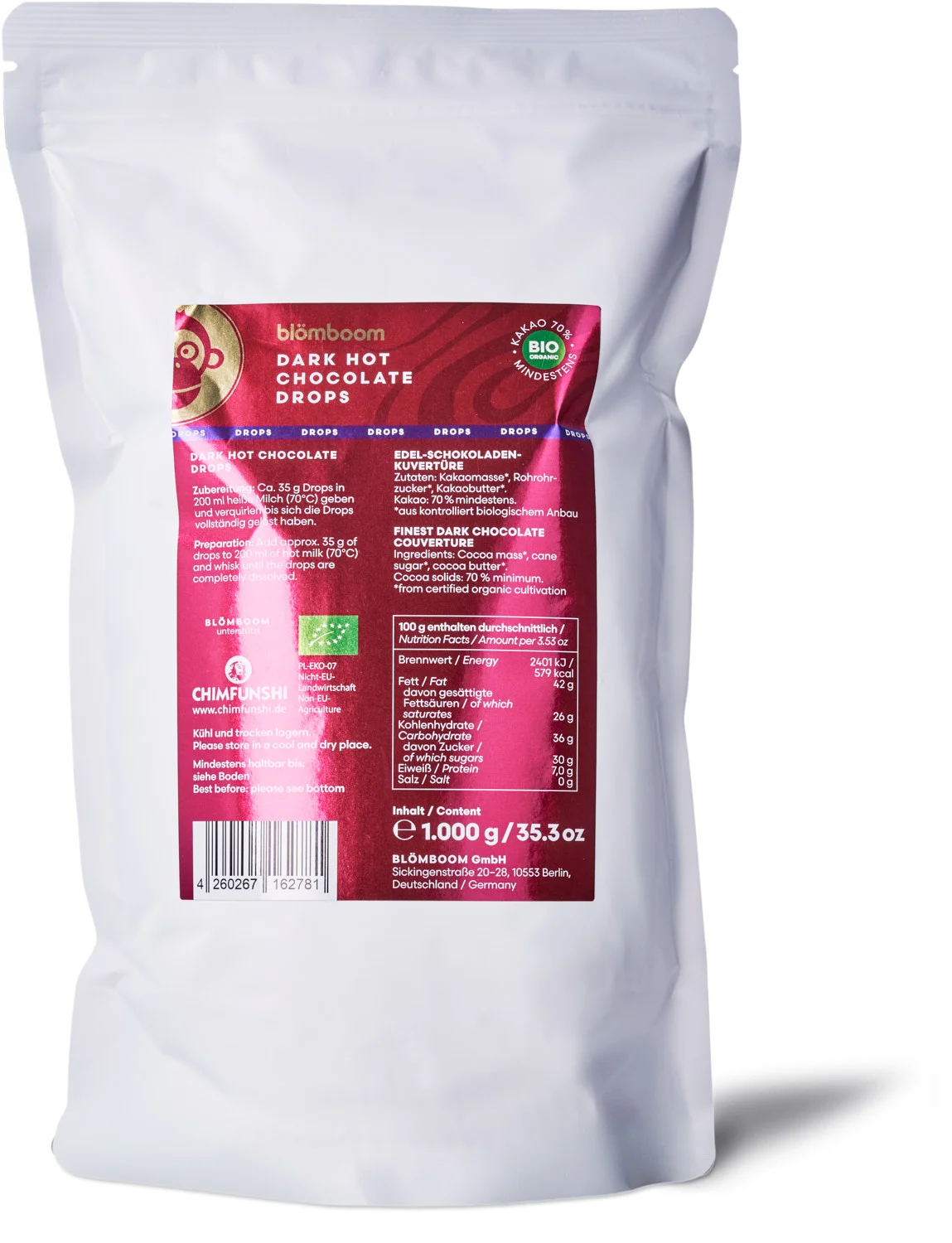 Blömboom - Metalldose+Refillbeutel und Magnet "Dark Hot Chocolate Drops BIO 1kg"