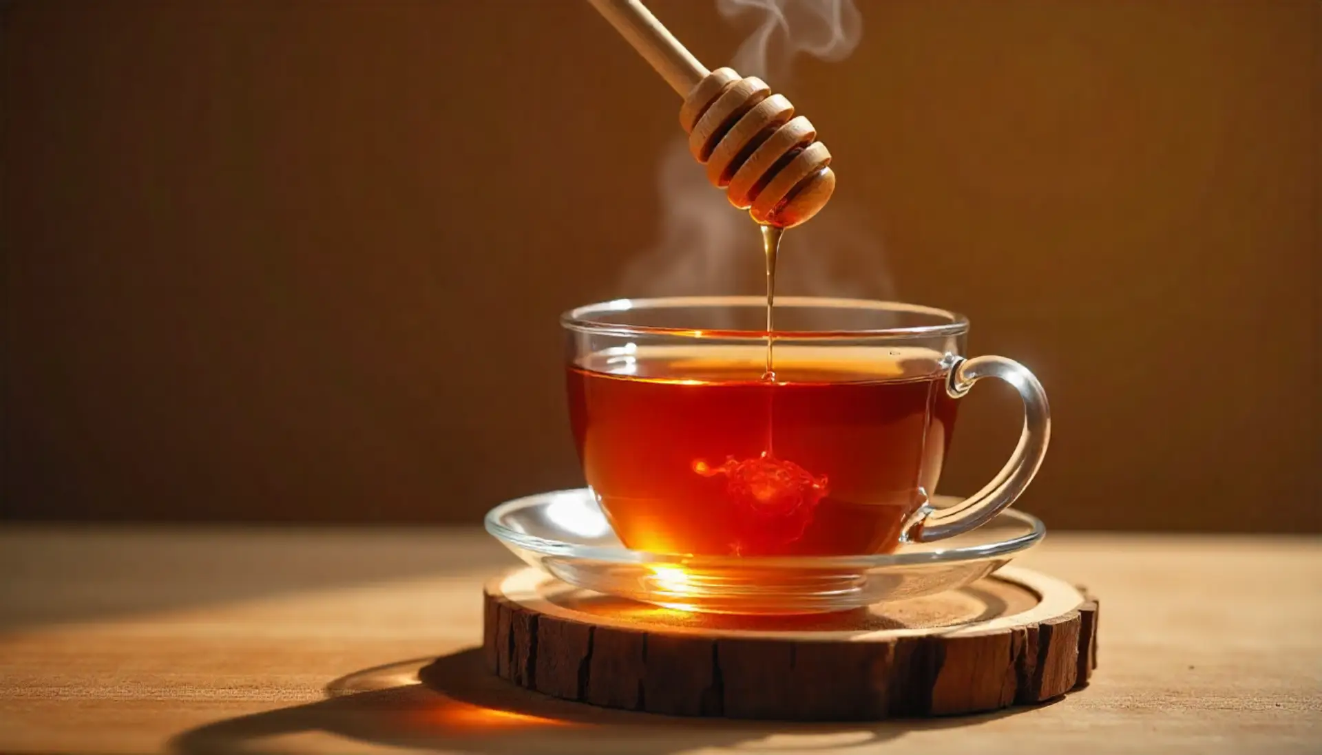 schwarzer Tee mit Honig in glastasse