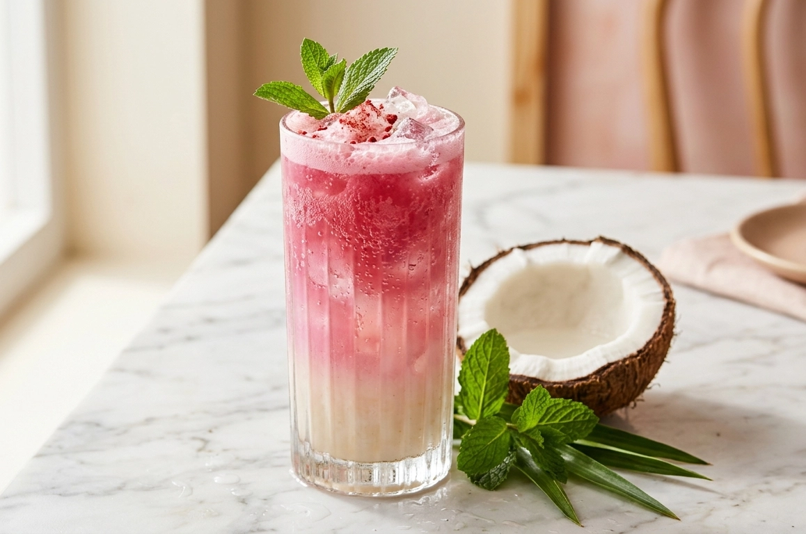 Ein hohes Glas mit Eiswürfeln und einem geschichteten Pink Matcha Coconut Fizz — leuchtendes Rosa oben, helles Kokoswasser unten, aufgenommen auf einer Marmoroberfläche im Tageslicht.