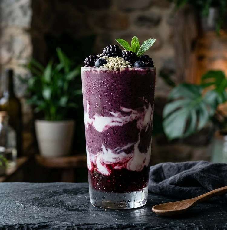 Ein geschichteter Beerensmoothie in einem Glas mit Joghurt, garniert mit Brombeeren, Heidelbeeren, Samen und Minze, serviert auf einer dunklen Steinplatte in gemütlicher Atmosphäre.