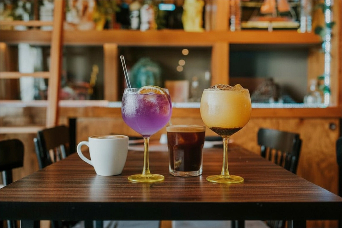 Cafétisch mit zwei Cocktailgläsern und einer Kaffeetasse