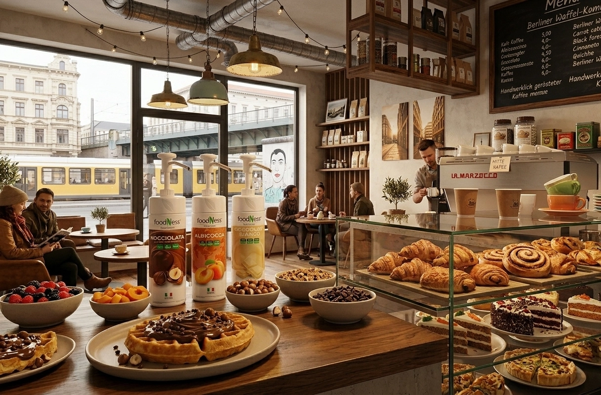 Berliner Café mit Foodness Cremes in Pumpflaschen