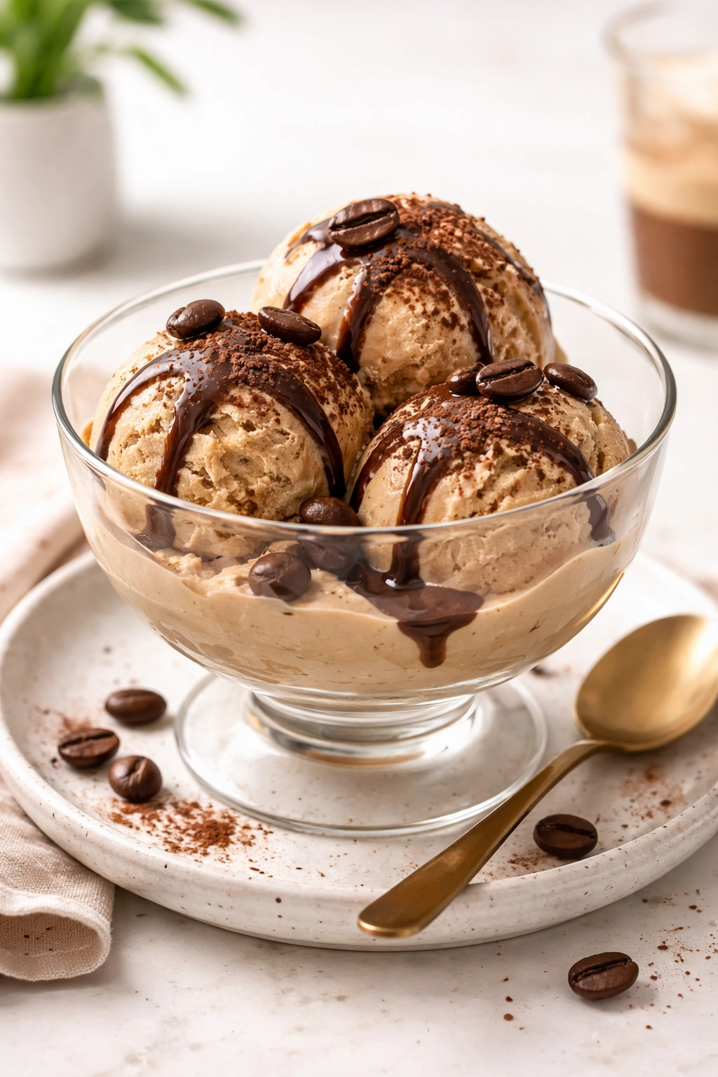 Drei Kaffee Eiskugeln in Dessertglas mit Schokoladensauce