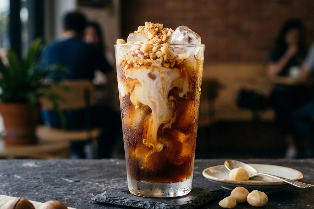 Macadamia Nut Cold Brew im hohen Glas mit Eiswürfeln, cremiger Milchswirl und gehackten Macadamianüssen als Topping, serviert auf einer Schieferplatte in einem modernen Café