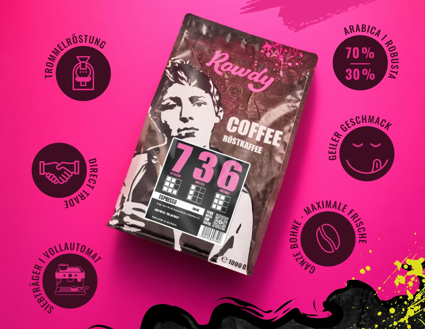 Bestseller Kaffee 736 bei Rowdy 70% Arabica Bohnen