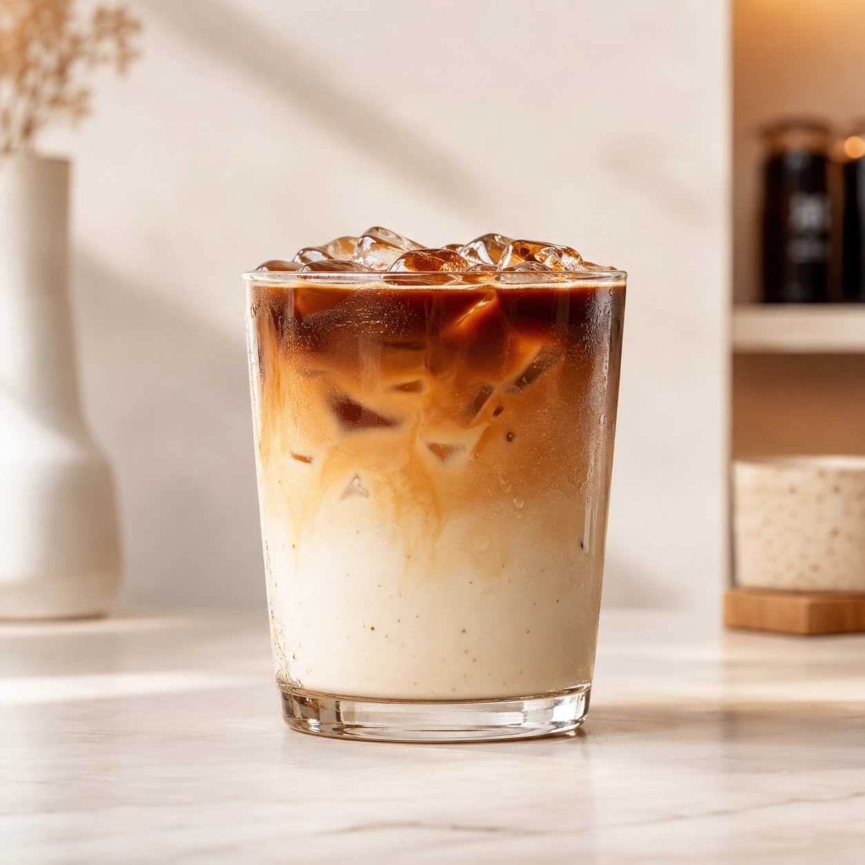 Iced Spanish Latte im Glas mit Farbkontrast zwischen Espresso und Vanille-Milch, zubereitet mit Rowdy Kaffee und Torani Sirup