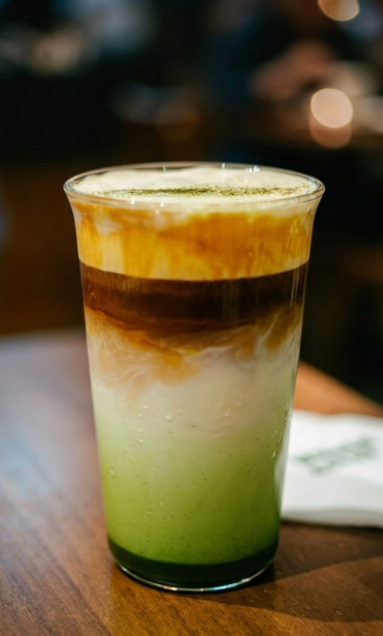 Geschichteter Pandan Iced Latte, Milch und Espresso in einem Glas auf Holztisch