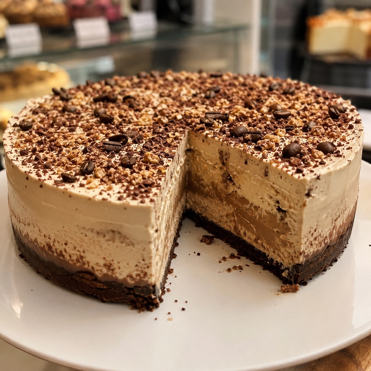 Cremiger No-Bake Iced Coffee Cheesecake mit Foodness Chocolate Crispies, zubereitet mit Rowdy Kaffee