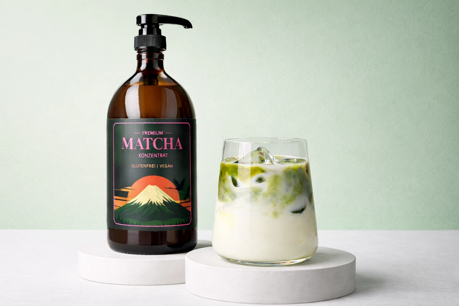 Matcha Konzentrat mit Matcha Latte im Glas auf kleinen Podesten