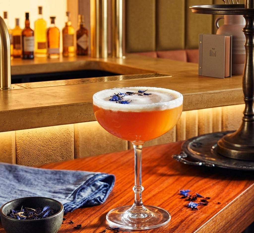 Earl Grey Sour im Coupéglas auf einer Holzbar, bernsteinfarbener Drink mit weißem Eiweißschaum und getrockneten Kornblumenblüten als Garnitur, warme Stimmungsbeleuchtung, schwarze Keramikschale mit Teeblättern im Vordergrund, Barflaschen im Hintergrund.