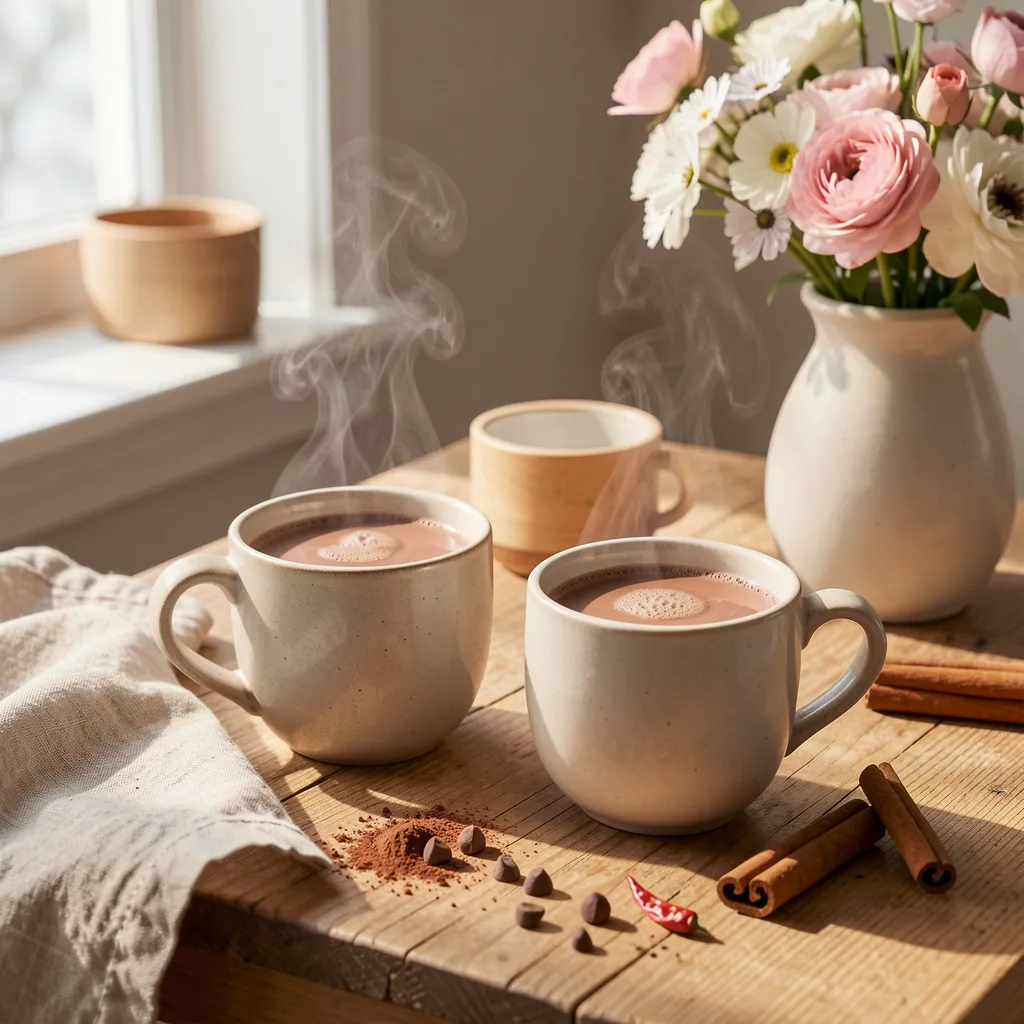 Zwei Kakaotassen in Sonnenlicht mit Blumen auf Holztisch