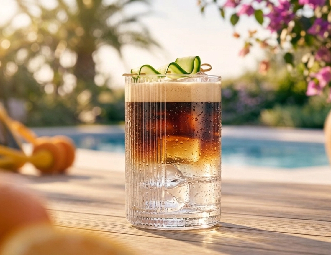 Zweischichtiger Espresso Tonic im gerippten Highball-Glas mit Eiswürfeln, cremiger Kaffeeschaum-Haube und spiralförmiger Gurkengarnish, serviert am Pool im Sonnenlicht.