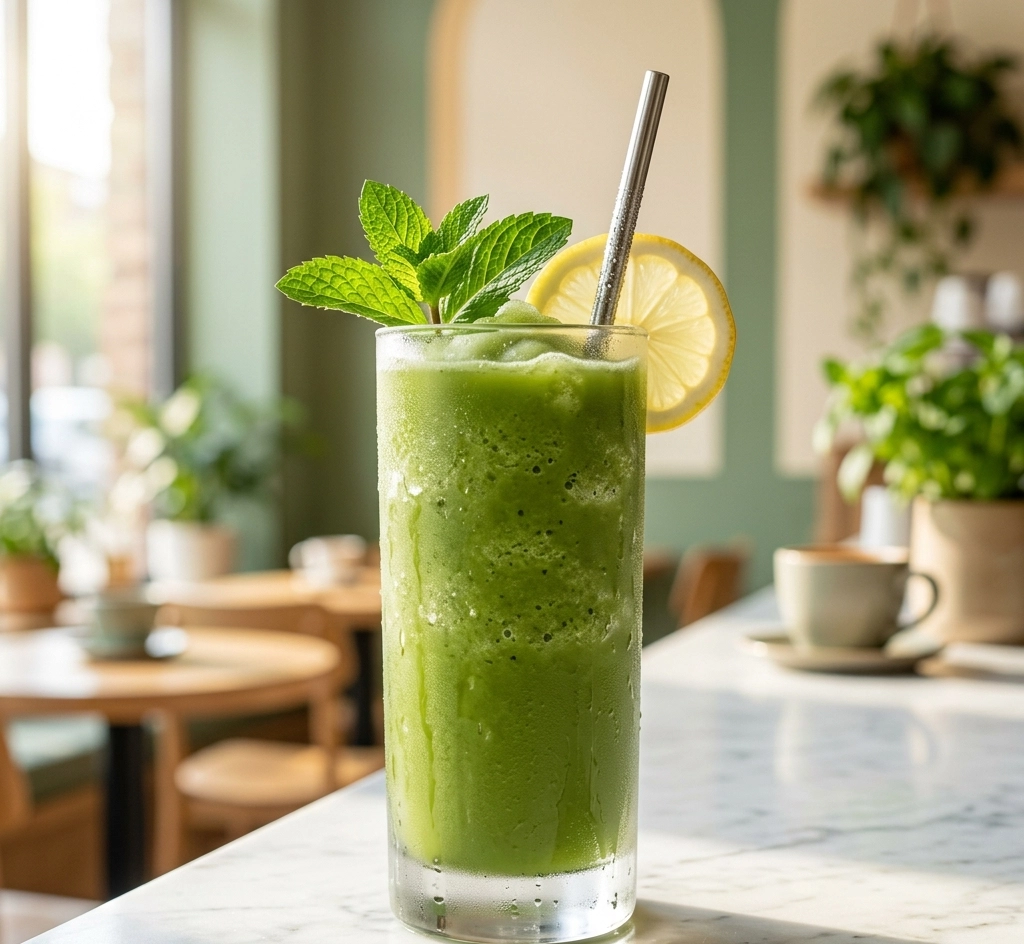 Frozen Matcha Lemonade im Highball-Glas mit Zitronenscheibe und Minze, zubereitet mit Rowdy Matcha-Konzentrat
