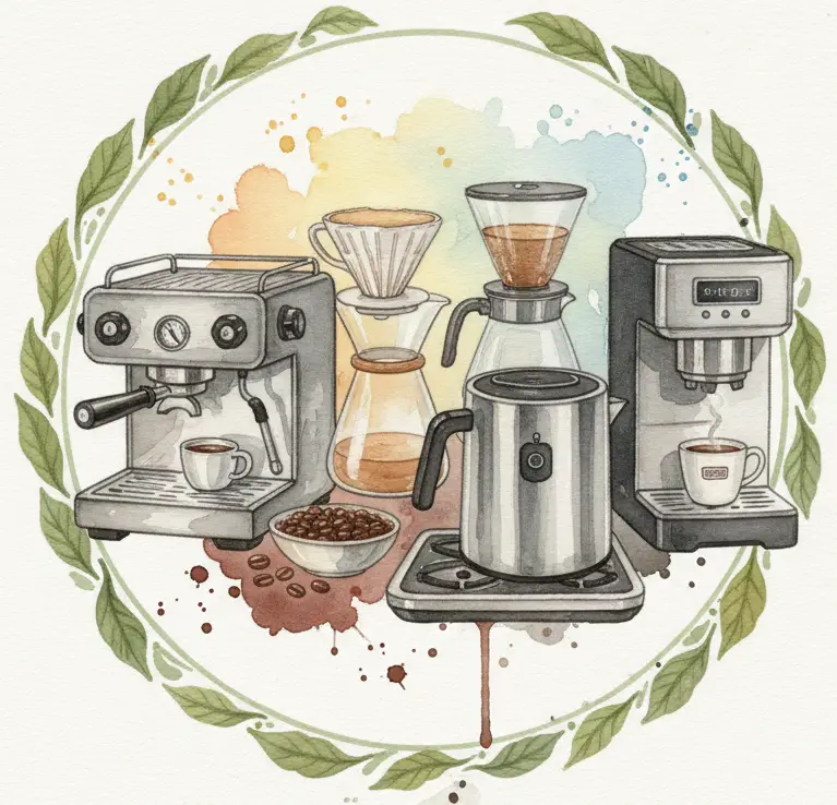 Aquarellzeichnung mit Kaffeemaschinen