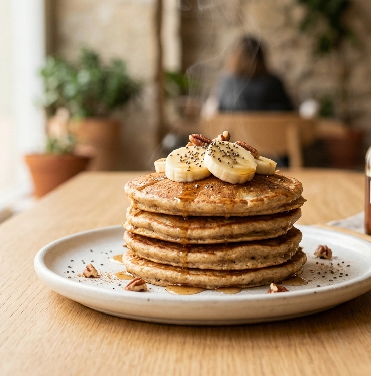 Stapel goldbrauner Bananen-Pancakes auf einem hellen Teller, beträufelt mit Zimt-Sirup, garniert mit Bananenscheiben und Chiasamen, Draufsicht auf hellem Holzuntergrund