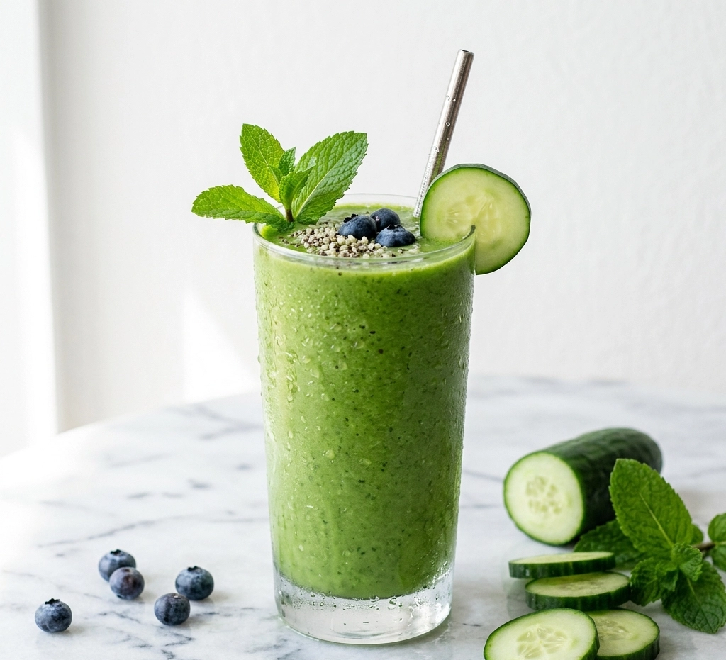 Eiskalter Green Goddess Smoothie mit Gurke und frischer Minze in einem hohen Glas, garniert mit einem Minzzweig und einer Gurkenscheibe