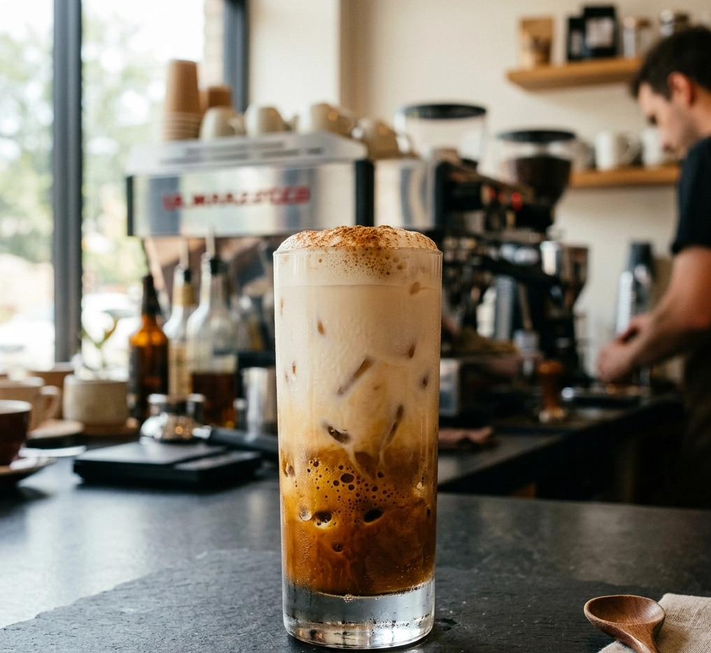 Hohes Glas mit Iced Brown Sugar Oat Milk Shaken Espresso auf Eis mit Hafermilch und Zimttopping auf einem dunklen Cafétresen