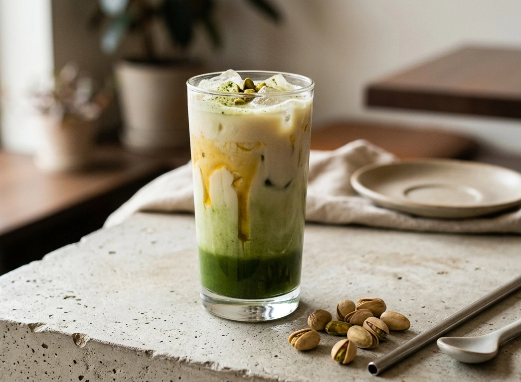 Pistazienlatte mit Sirup und gehackten Pistazien in einem hohen Glas