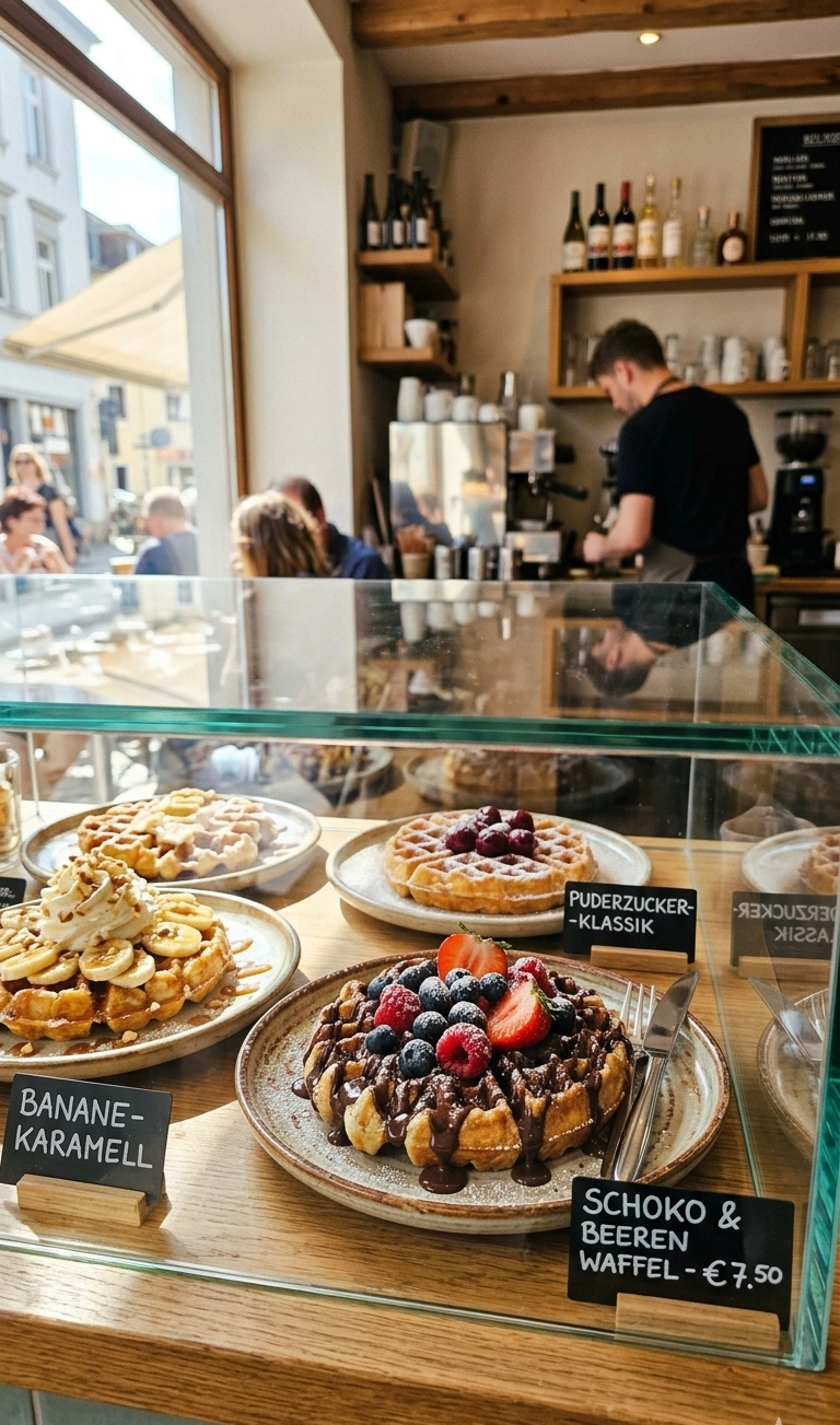 Café Thekenauslage mit Loaded Waffeln