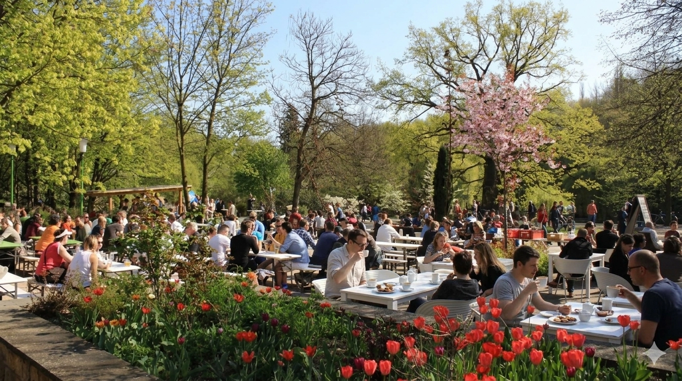 Cafe mit voller Terrasse im Sommer